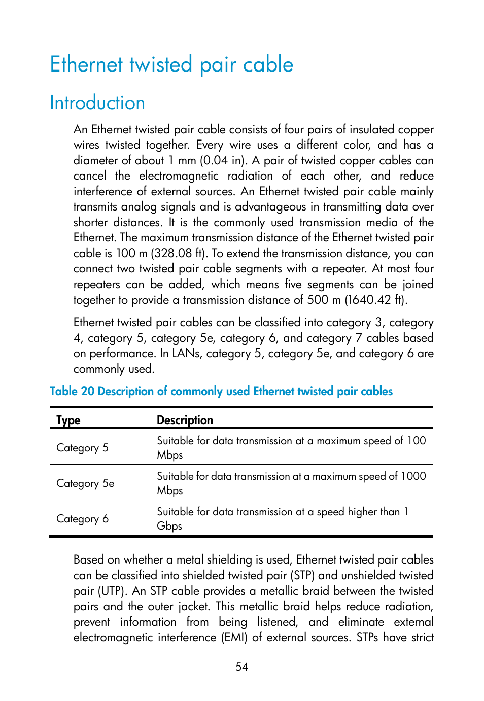 Ethernet twisted pair cable, Introduction | H3C Technologies H3C WX3000E Series Wireless Switches User Manual | Page 63 / 73