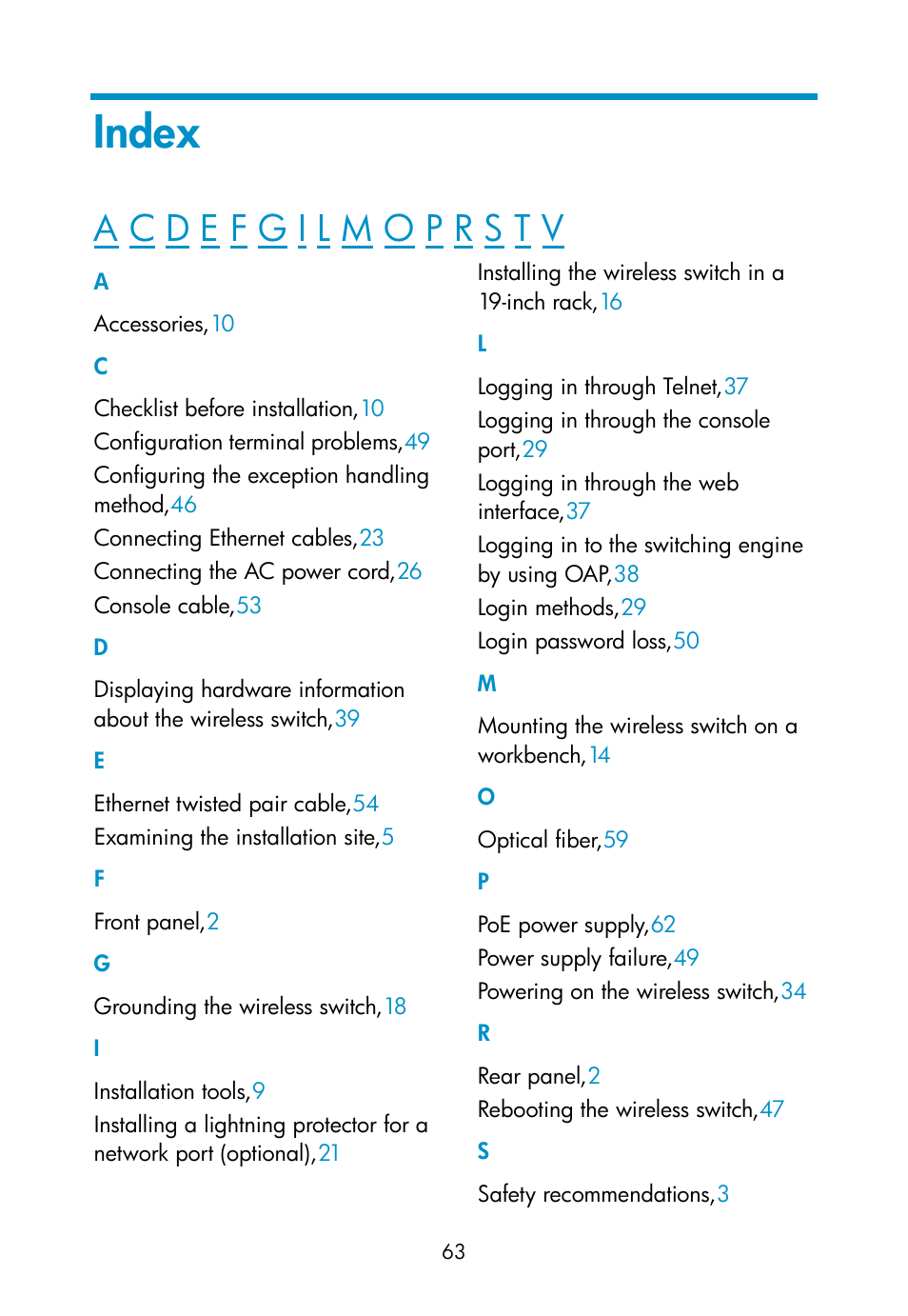 Index | H3C Technologies H3C WX3000E Series Wireless Switches User Manual | Page 72 / 73