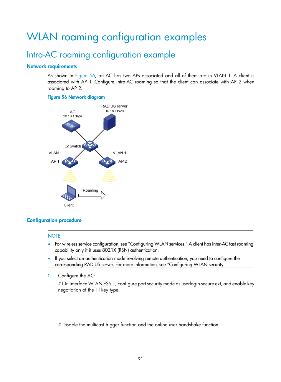 Wlan roaming configuration examples, Intra-ac roaming configuration example, Network requirements | Configuration procedure | H3C Technologies H3C WX3000E Series Wireless Switches User Manual | Page 103 / 226