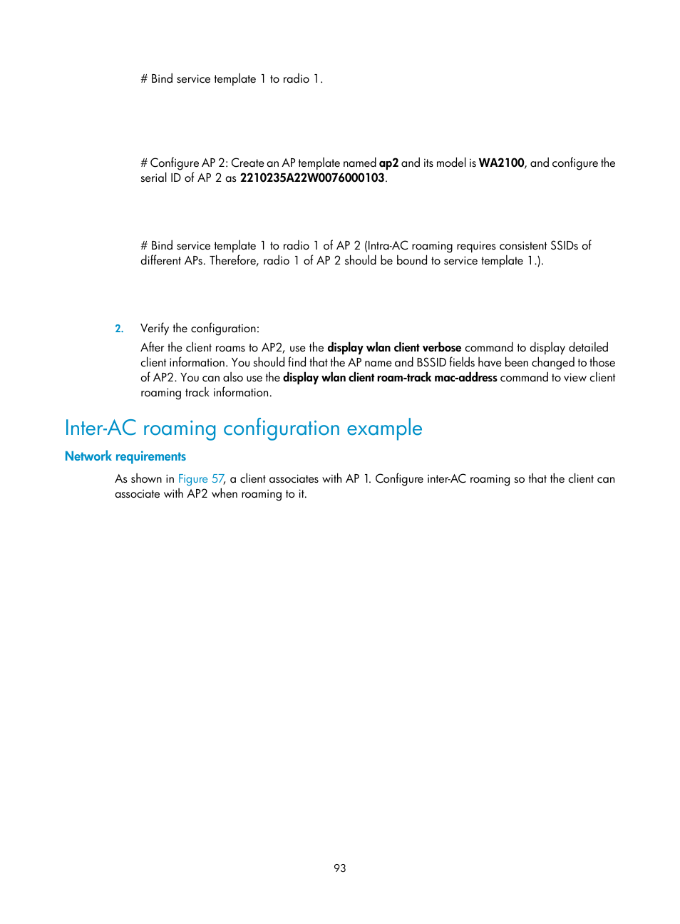 Inter-ac roaming configuration example, Network requirements | H3C Technologies H3C WX3000E Series Wireless Switches User Manual | Page 105 / 226