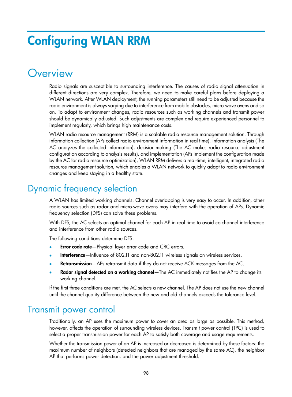 Configuring wlan rrm, Overview, Dynamic frequency selection | Transmit power control | H3C Technologies H3C WX3000E Series Wireless Switches User Manual | Page 110 / 226