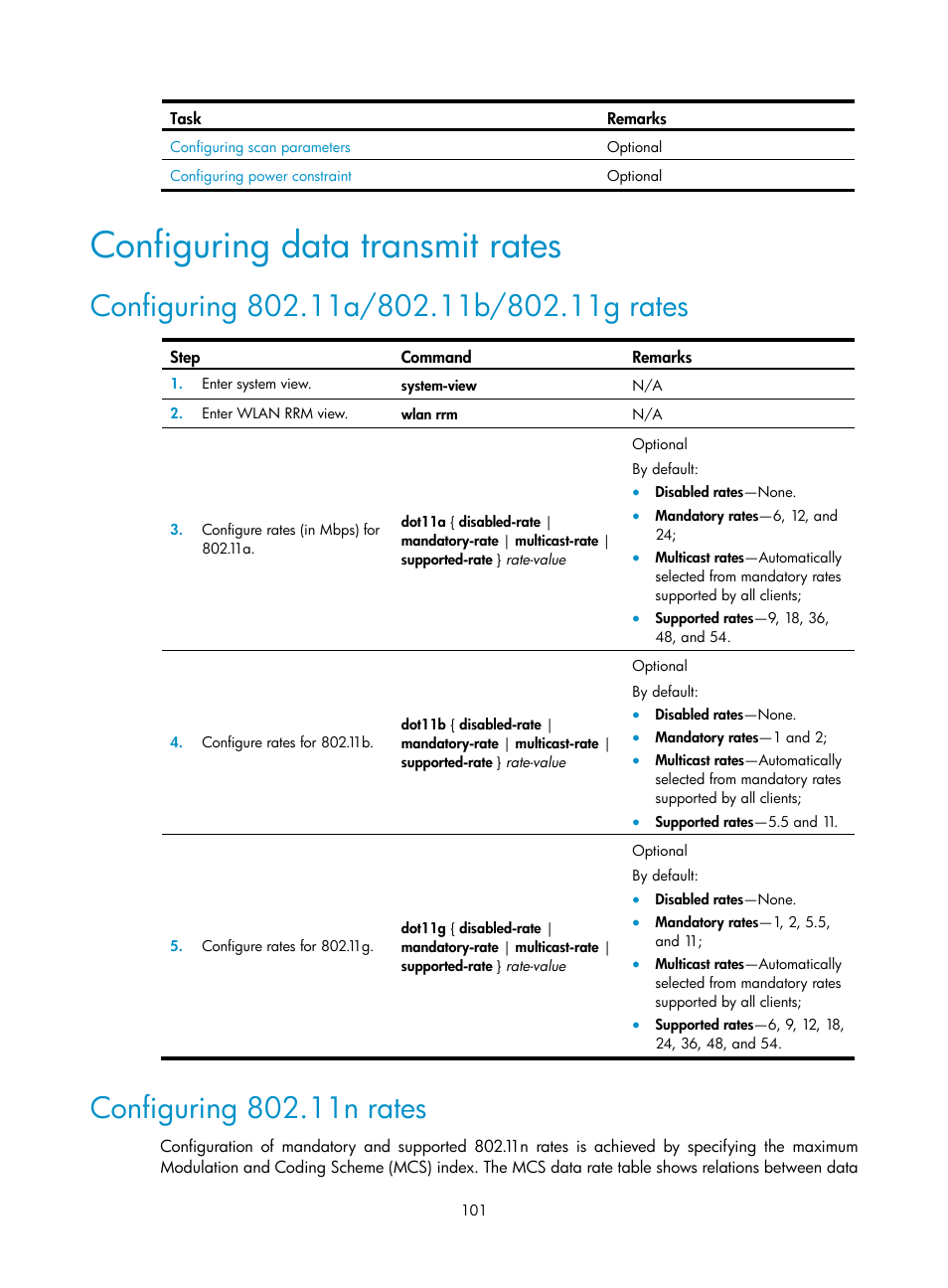 Configuring data transmit rates, Configuring 802.11a/802.11b/802.11g rates, Configuring 802.11n rates | H3C Technologies H3C WX3000E Series Wireless Switches User Manual | Page 113 / 226