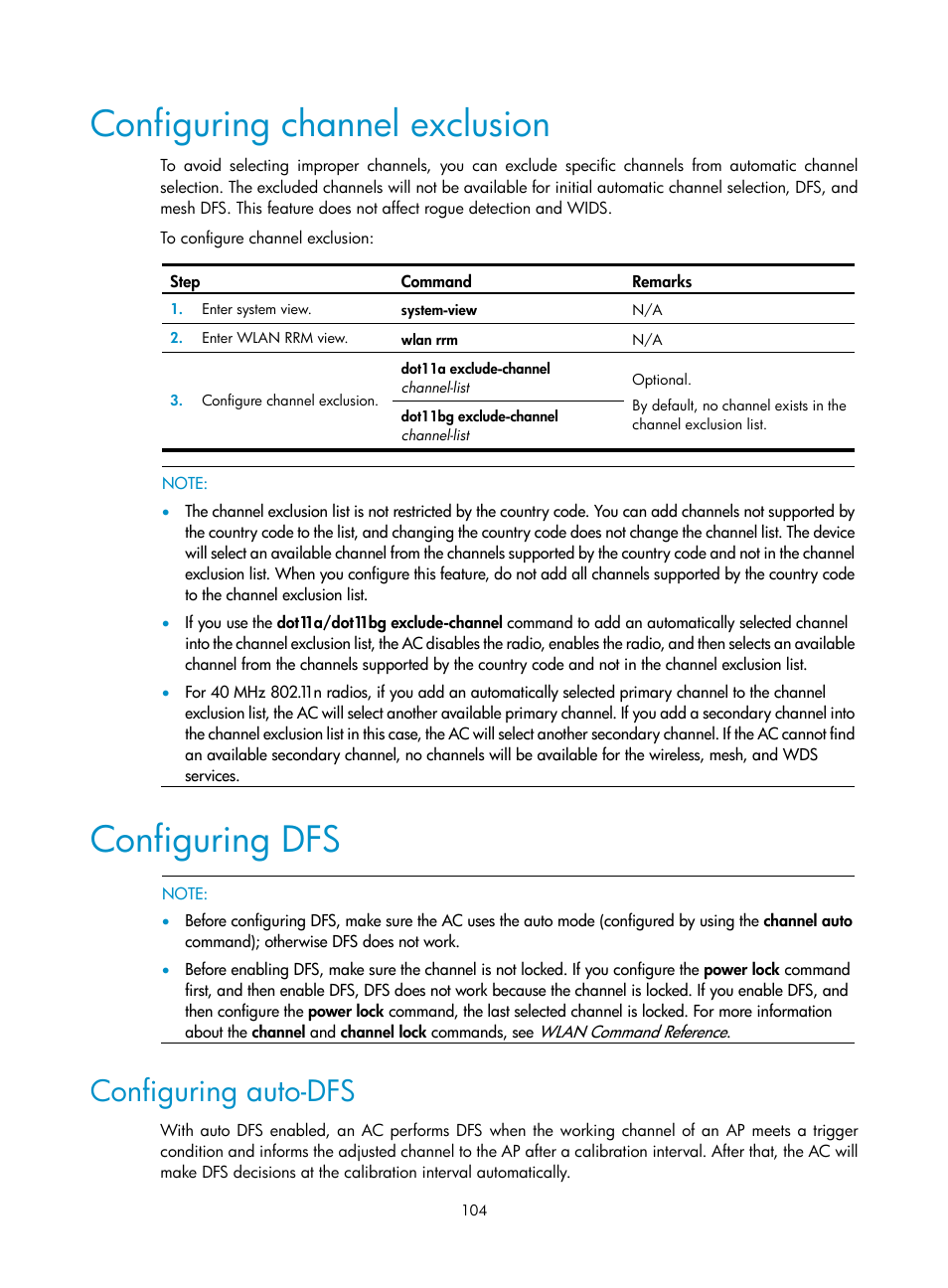 Configuring channel exclusion, Configuring dfs, Configuring auto-dfs | H3C Technologies H3C WX3000E Series Wireless Switches User Manual | Page 116 / 226