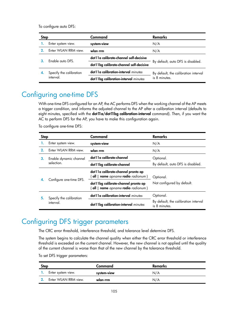 Configuring one-time dfs, Configuring dfs trigger parameters | H3C Technologies H3C WX3000E Series Wireless Switches User Manual | Page 117 / 226