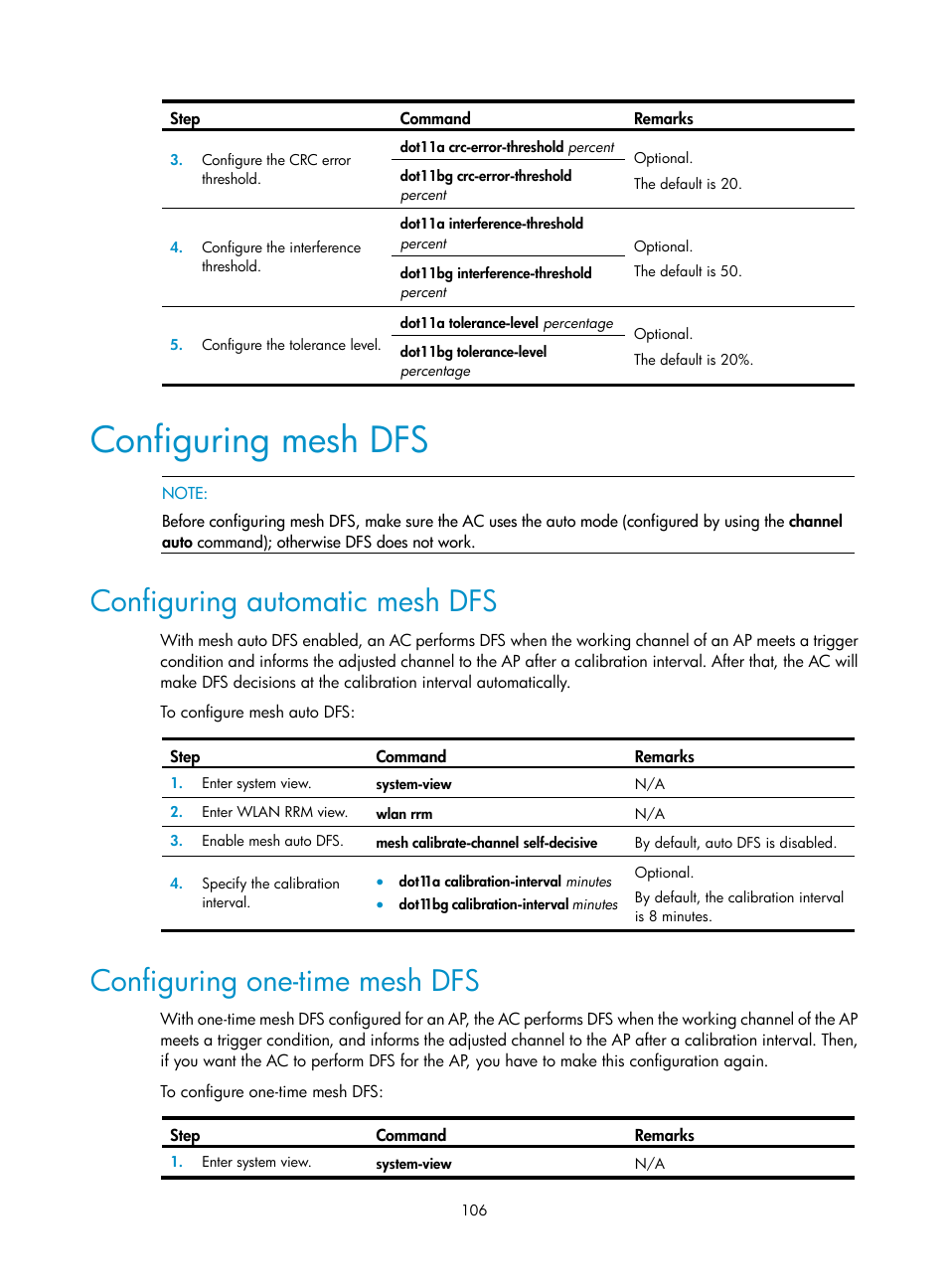 Configuring mesh dfs, Configuring automatic mesh dfs, Configuring one-time mesh dfs | H3C Technologies H3C WX3000E Series Wireless Switches User Manual | Page 118 / 226