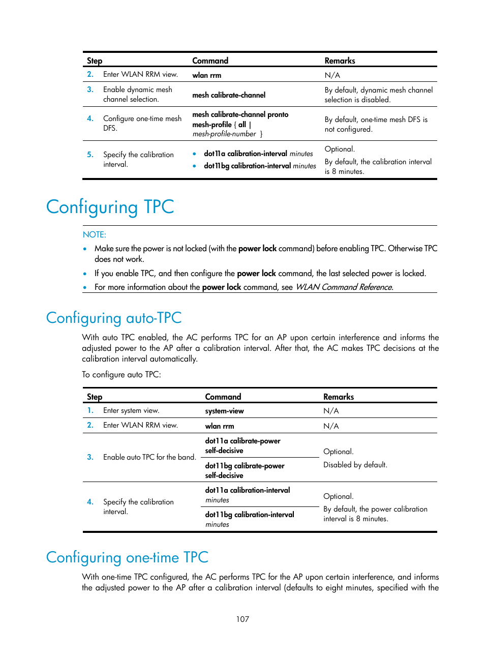 Configuring tpc, Configuring auto-tpc, Configuring one-time tpc | H3C Technologies H3C WX3000E Series Wireless Switches User Manual | Page 119 / 226