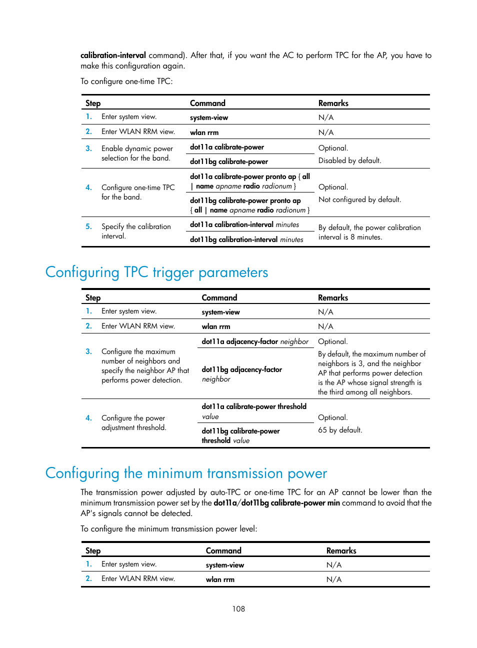 Configuring tpc trigger parameters, Configuring the minimum transmission power | H3C Technologies H3C WX3000E Series Wireless Switches User Manual | Page 120 / 226