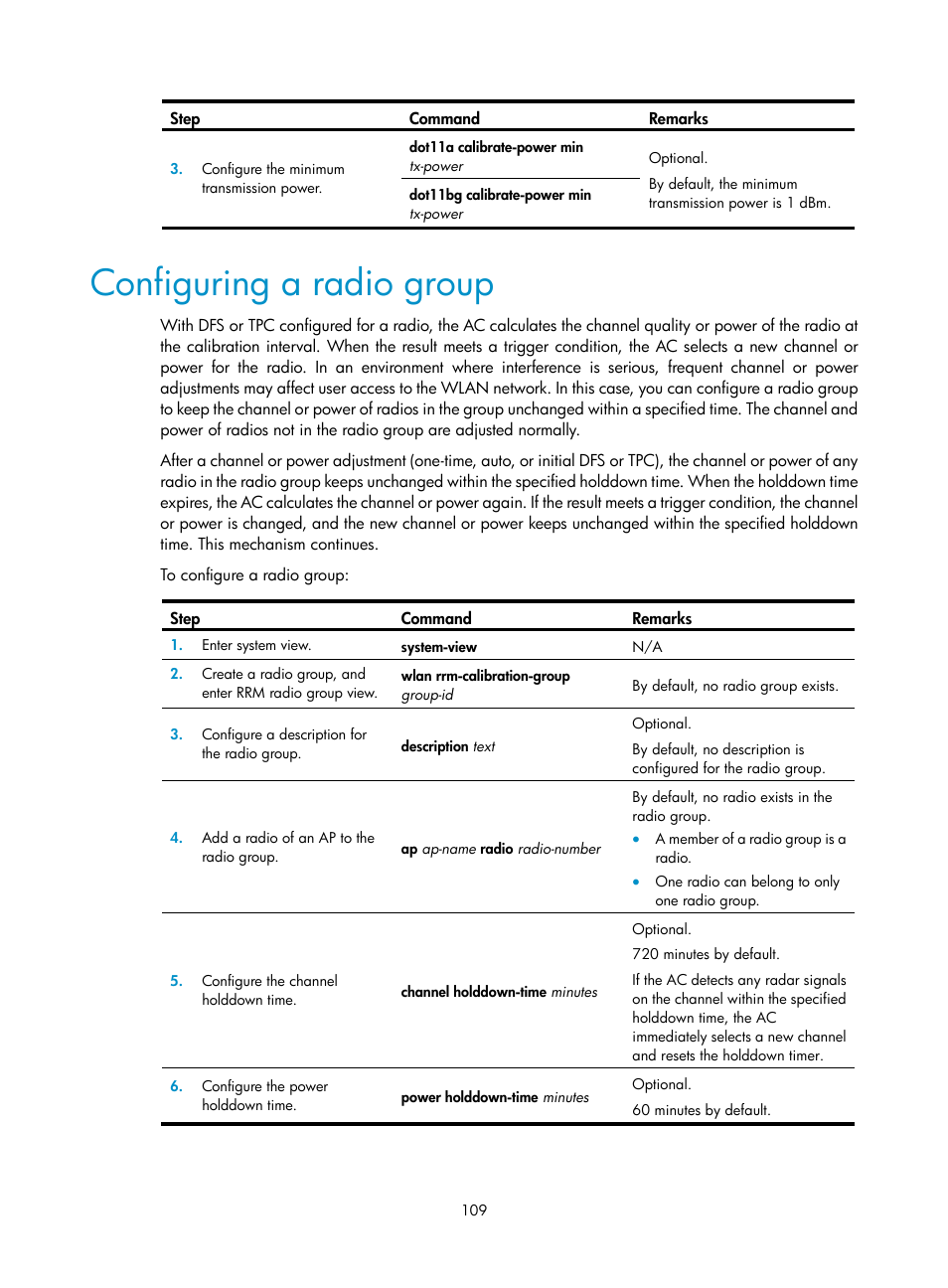 Configuring a radio group | H3C Technologies H3C WX3000E Series Wireless Switches User Manual | Page 121 / 226