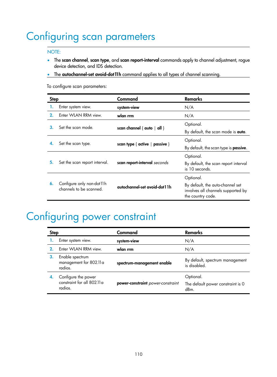 Configuring scan parameters, Configuring power constraint | H3C Technologies H3C WX3000E Series Wireless Switches User Manual | Page 122 / 226