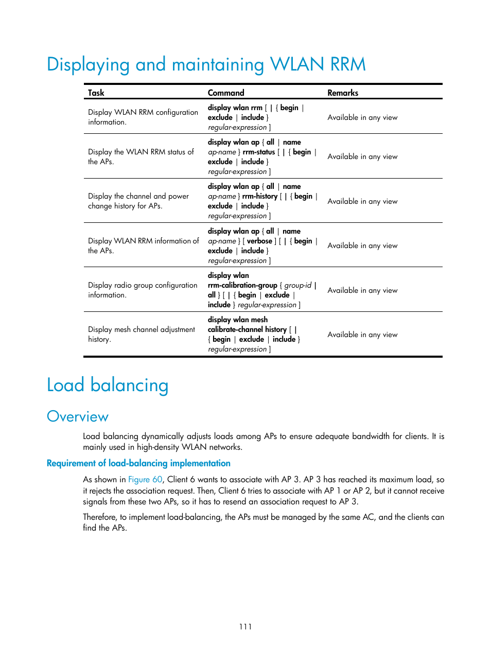 Displaying and maintaining wlan rrm, Load balancing, Overview | Requirement of load-balancing implementation | H3C Technologies H3C WX3000E Series Wireless Switches User Manual | Page 123 / 226