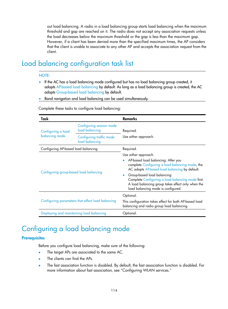 Load balancing configuration task list, Configuring a load balancing mode, Prerequisites | H3C Technologies H3C WX3000E Series Wireless Switches User Manual | Page 126 / 226