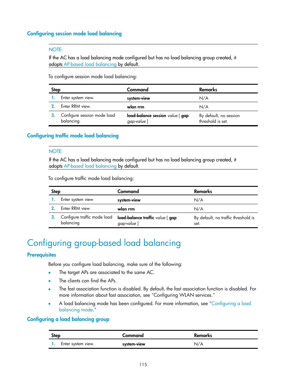 Configuring session mode load balancing, Configuring traffic mode load balancing, Configuring group-based load balancing | Prerequisites, Configuring a load balancing group | H3C Technologies H3C WX3000E Series Wireless Switches User Manual | Page 127 / 226