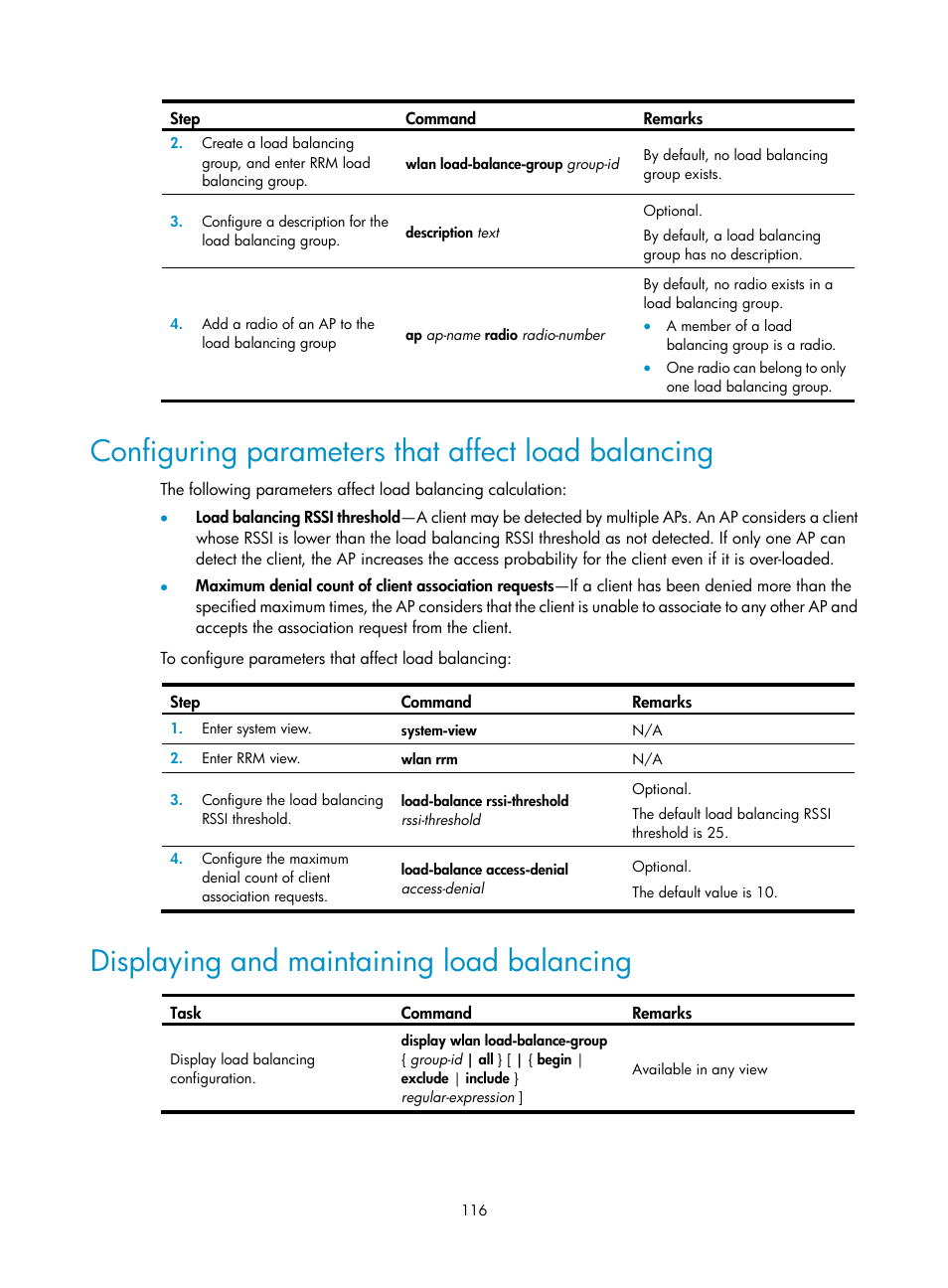 Configuring parameters that affect load balancing, Displaying and maintaining load balancing | H3C Technologies H3C WX3000E Series Wireless Switches User Manual | Page 128 / 226