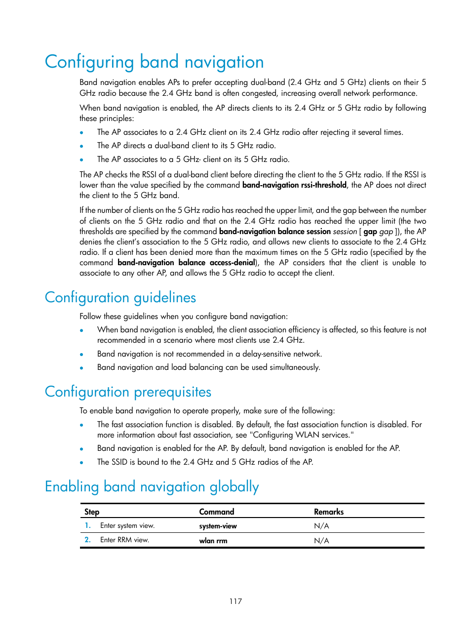 Configuring band navigation, Configuration guidelines, Configuration prerequisites | Enabling band navigation globally | H3C Technologies H3C WX3000E Series Wireless Switches User Manual | Page 129 / 226