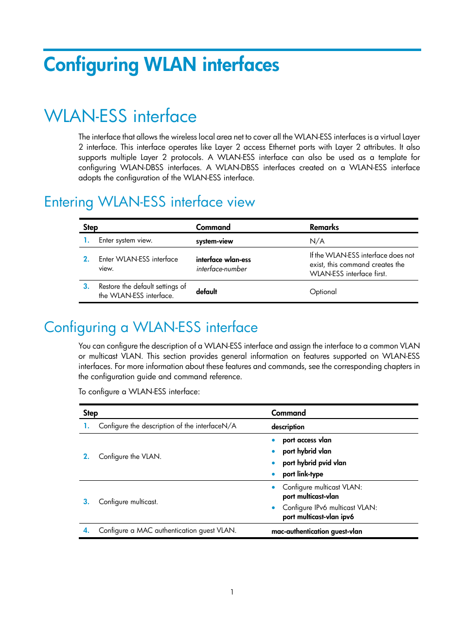 Configuring wlan interfaces, Wlan-ess interface, Entering wlan-ess interface view | Configuring a wlan-ess interface | H3C Technologies H3C WX3000E Series Wireless Switches User Manual | Page 13 / 226