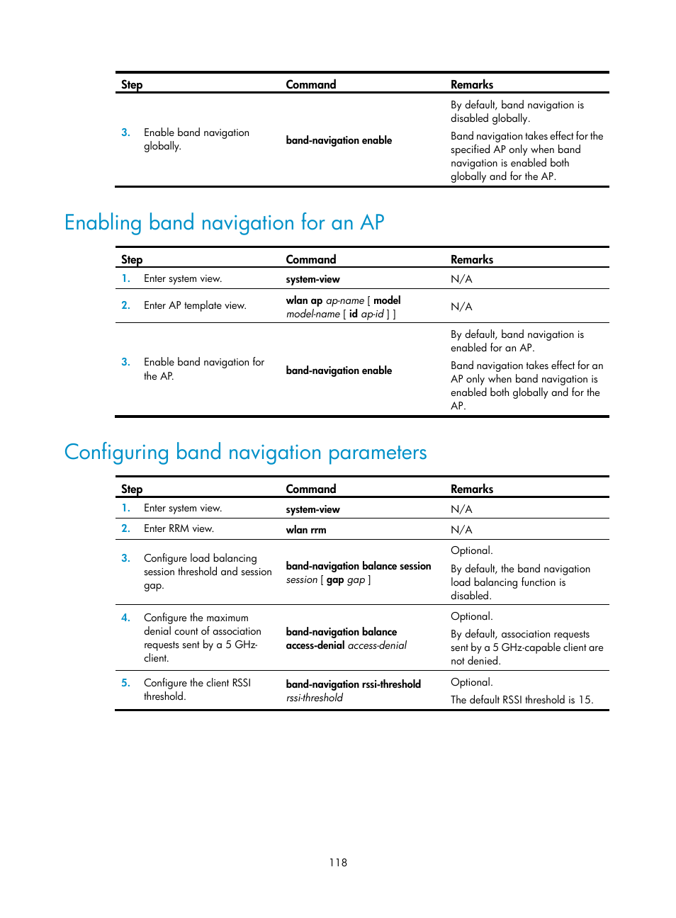 Enabling band navigation for an ap, Configuring band navigation parameters | H3C Technologies H3C WX3000E Series Wireless Switches User Manual | Page 130 / 226