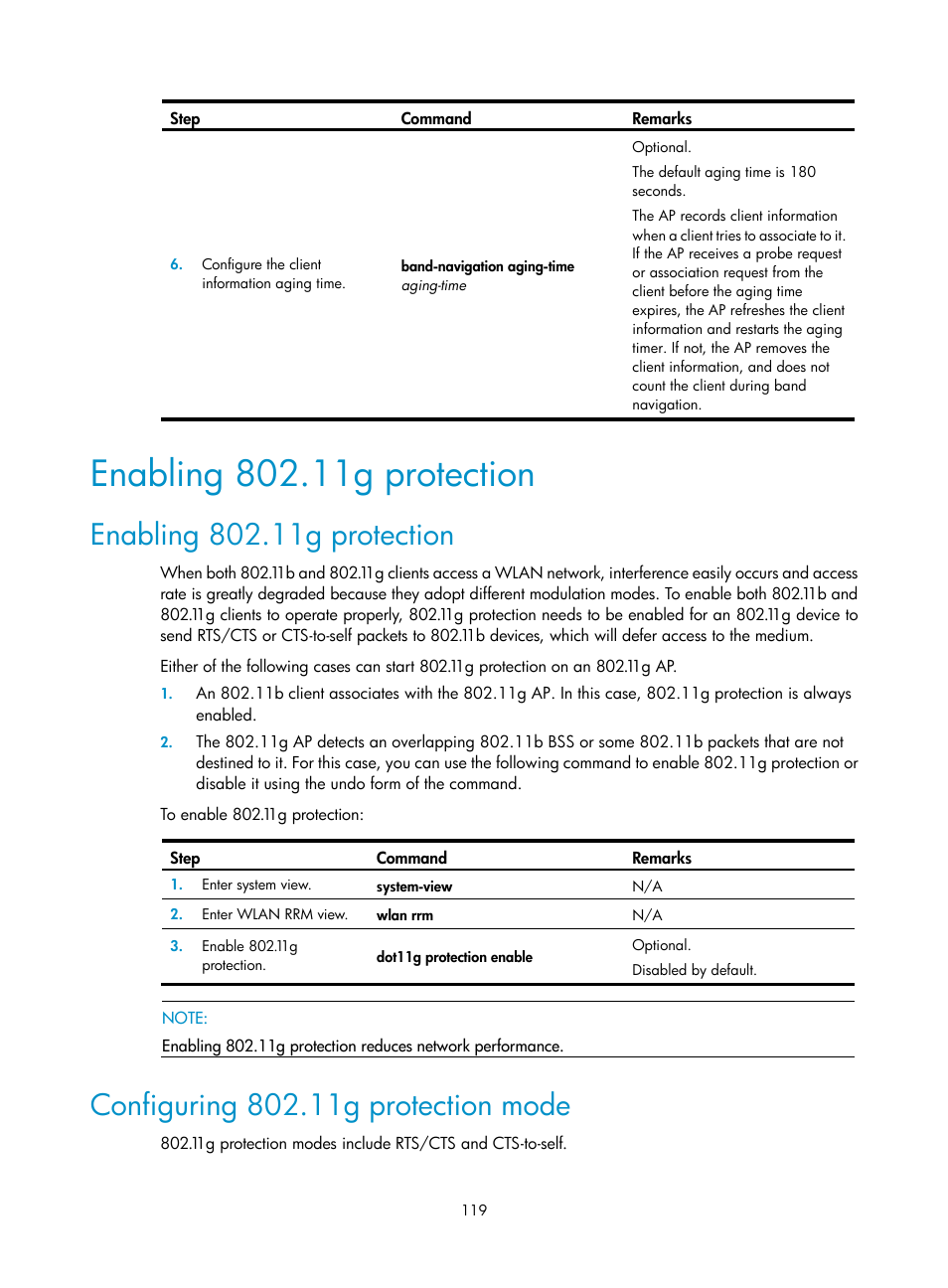 Enabling 802.11g protection, Configuring 802.11g protection mode | H3C Technologies H3C WX3000E Series Wireless Switches User Manual | Page 131 / 226