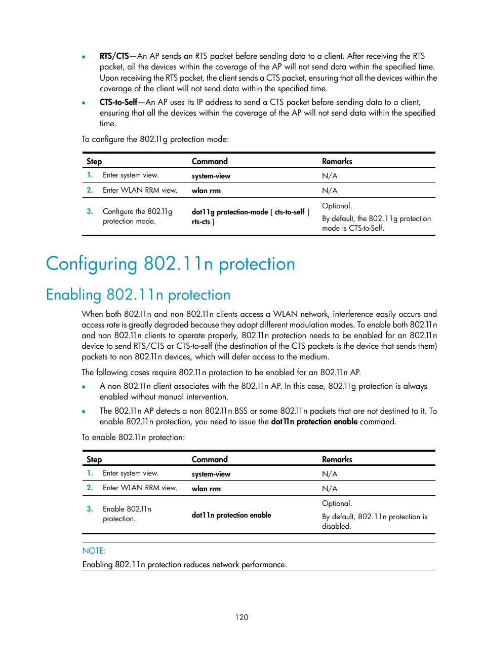 Configuring 802.11n protection, Enabling 802.11n protection | H3C Technologies H3C WX3000E Series Wireless Switches User Manual | Page 132 / 226