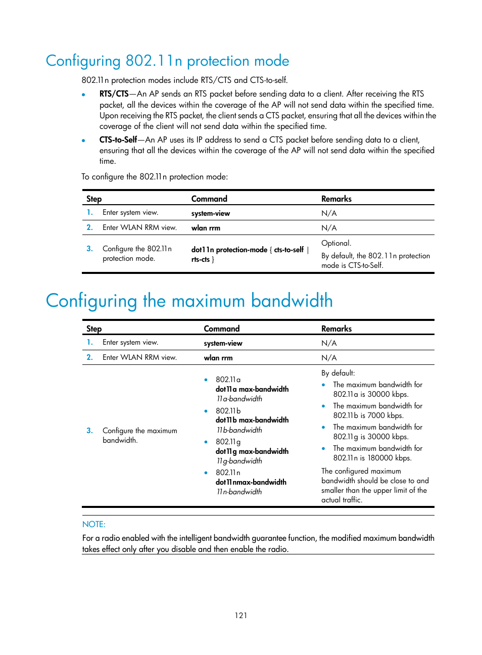 Configuring 802.11n protection mode, Configuring the maximum bandwidth | H3C Technologies H3C WX3000E Series Wireless Switches User Manual | Page 133 / 226