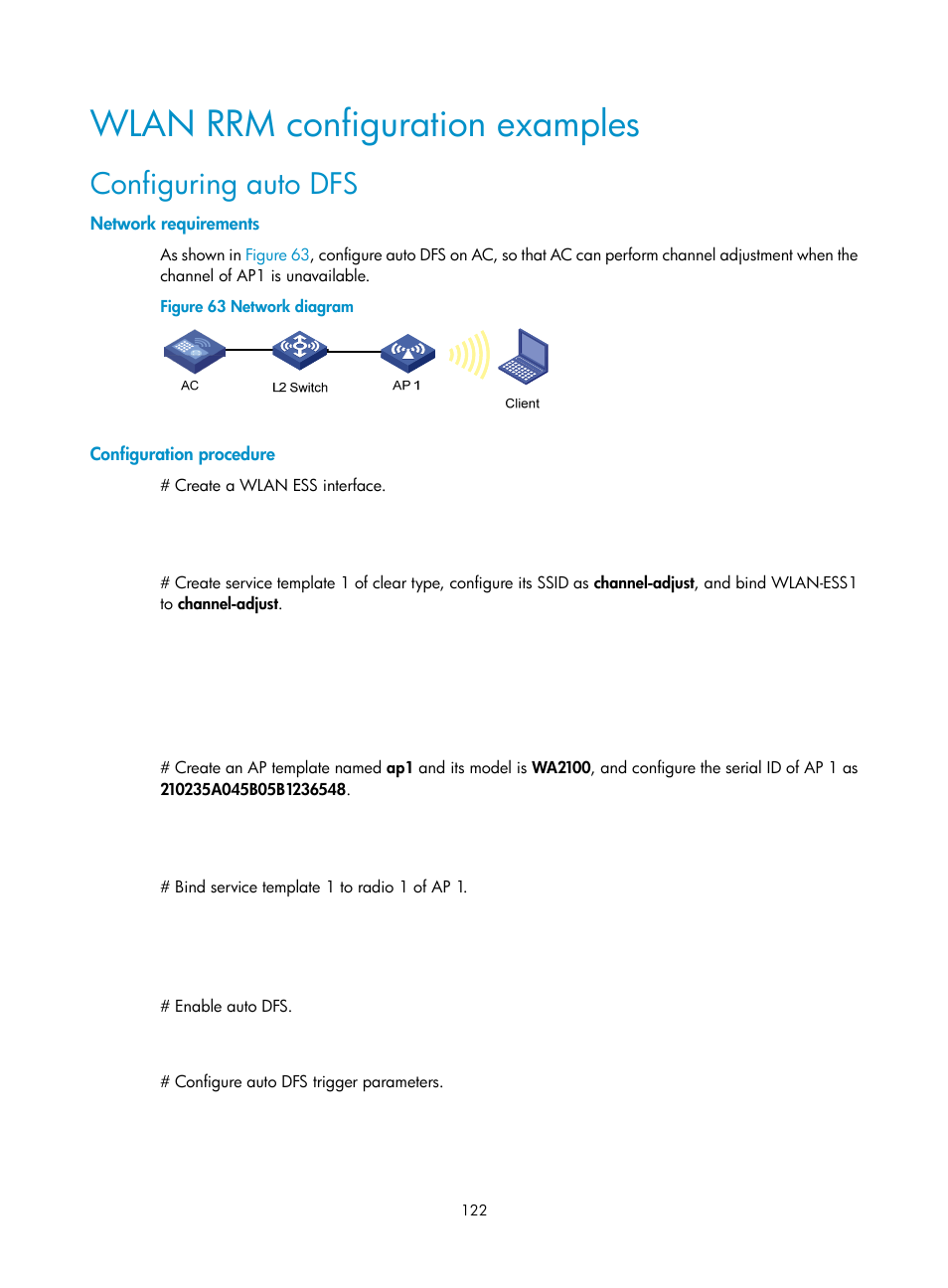 Wlan rrm configuration examples, Configuring auto dfs, Network requirements | Configuration procedure | H3C Technologies H3C WX3000E Series Wireless Switches User Manual | Page 134 / 226