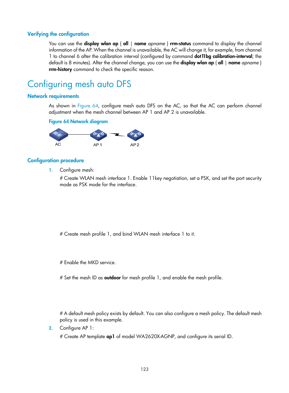 Verifying the configuration, Configuring mesh auto dfs, Network requirements | Configuration procedure | H3C Technologies H3C WX3000E Series Wireless Switches User Manual | Page 135 / 226