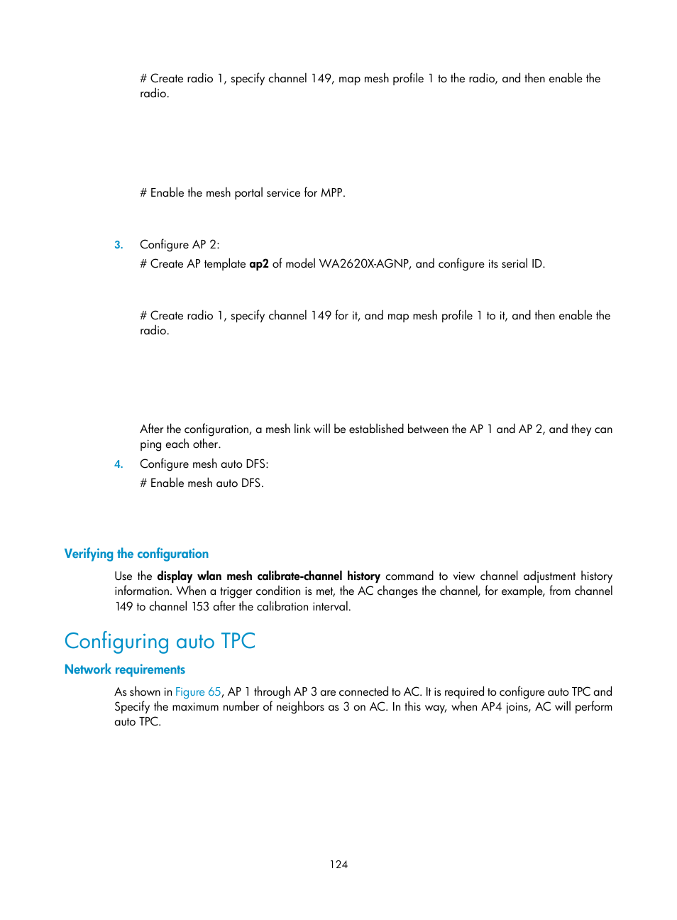 Verifying the configuration, Configuring auto tpc, Network requirements | H3C Technologies H3C WX3000E Series Wireless Switches User Manual | Page 136 / 226