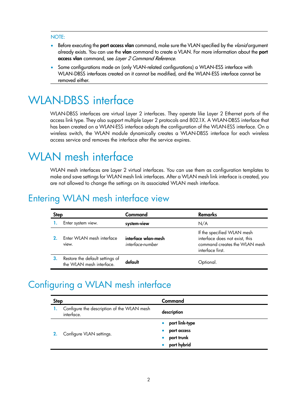 Wlan-dbss interface, Wlan mesh interface, Entering wlan mesh interface view | Configuring a wlan mesh interface | H3C Technologies H3C WX3000E Series Wireless Switches User Manual | Page 14 / 226