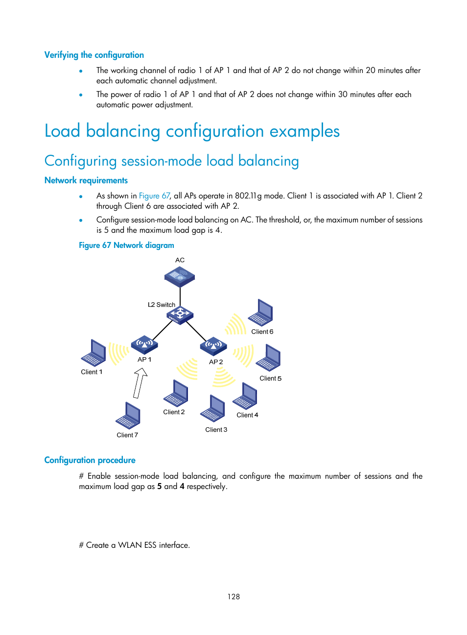 Verifying the configuration, Load balancing configuration examples, Configuring session-mode load balancing | Network requirements, Configuration procedure | H3C Technologies H3C WX3000E Series Wireless Switches User Manual | Page 140 / 226