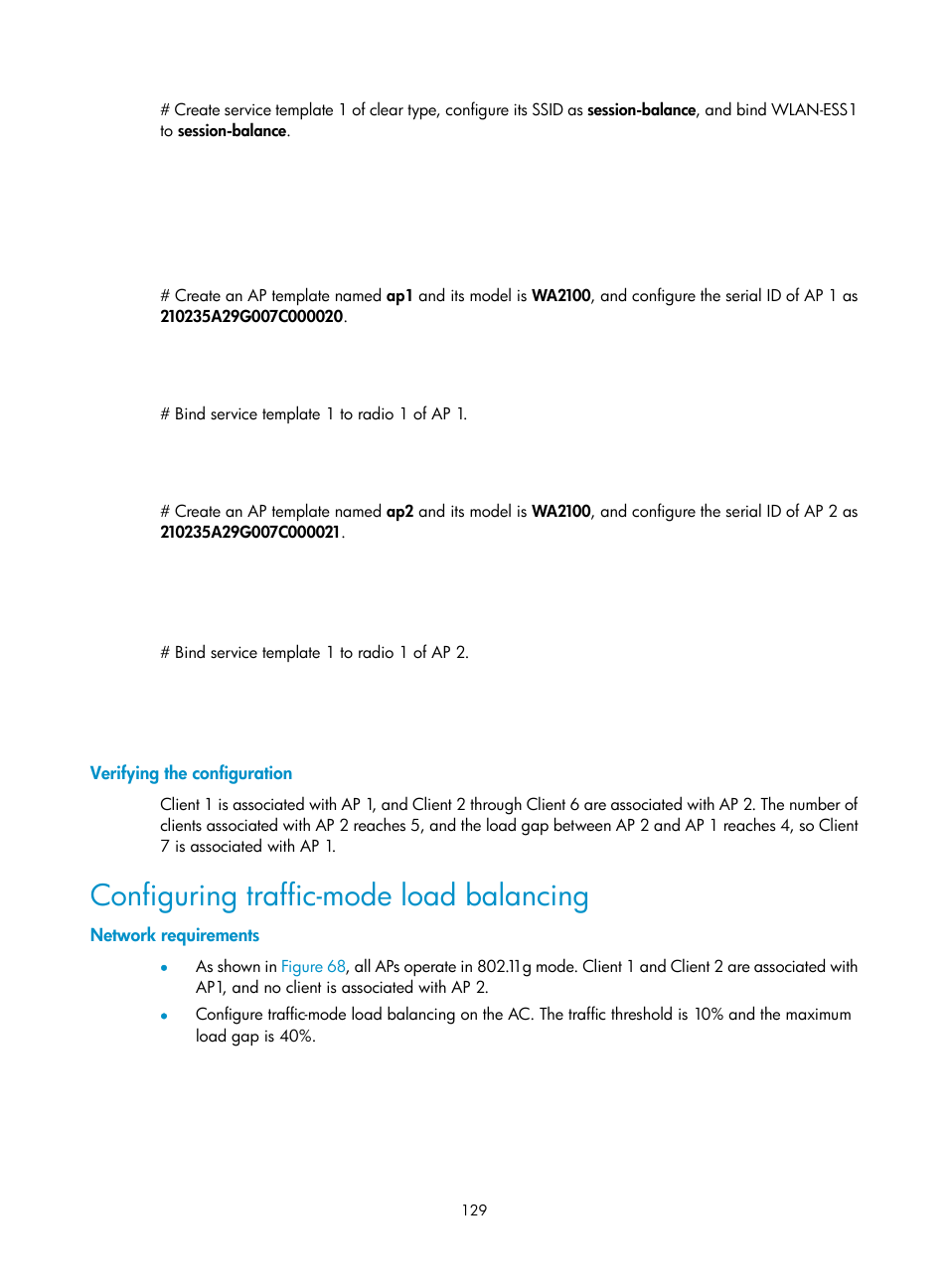 Verifying the configuration, Configuring traffic-mode load balancing, Network requirements | H3C Technologies H3C WX3000E Series Wireless Switches User Manual | Page 141 / 226