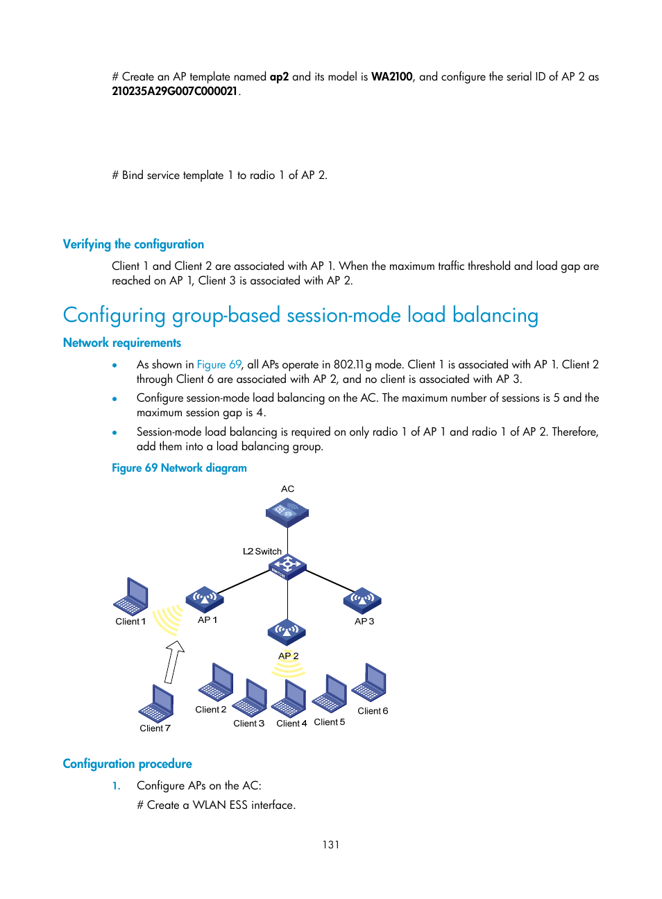 Verifying the configuration, Network requirements, Configuration procedure | H3C Technologies H3C WX3000E Series Wireless Switches User Manual | Page 143 / 226