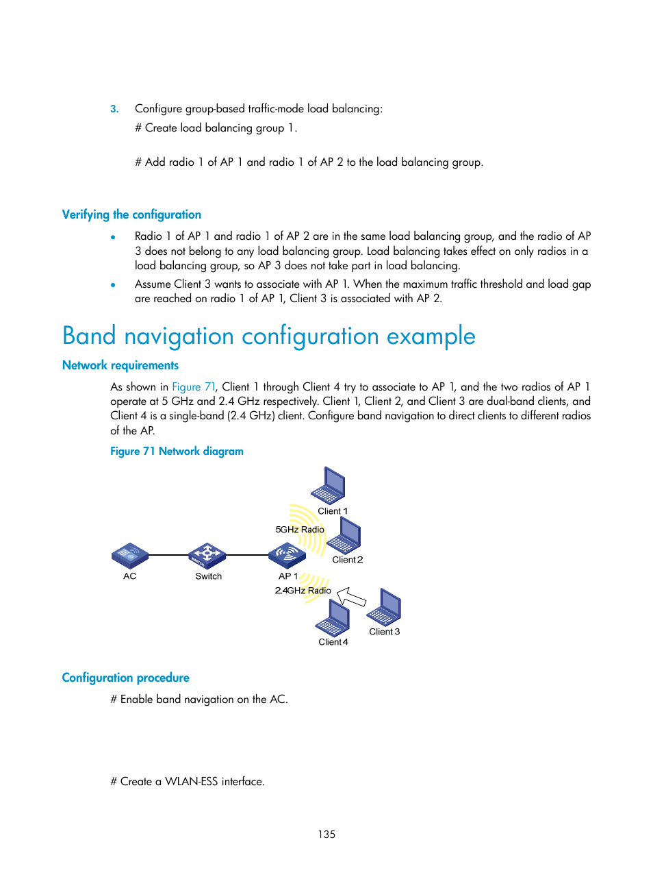 Verifying the configuration, Band navigation configuration example, Network requirements | Configuration procedure | H3C Technologies H3C WX3000E Series Wireless Switches User Manual | Page 147 / 226