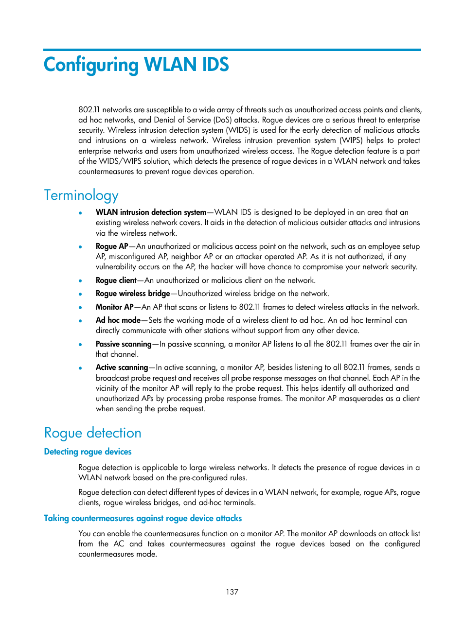 Configuring wlan ids, Terminology, Rogue detection | Detecting rogue devices | H3C Technologies H3C WX3000E Series Wireless Switches User Manual | Page 149 / 226