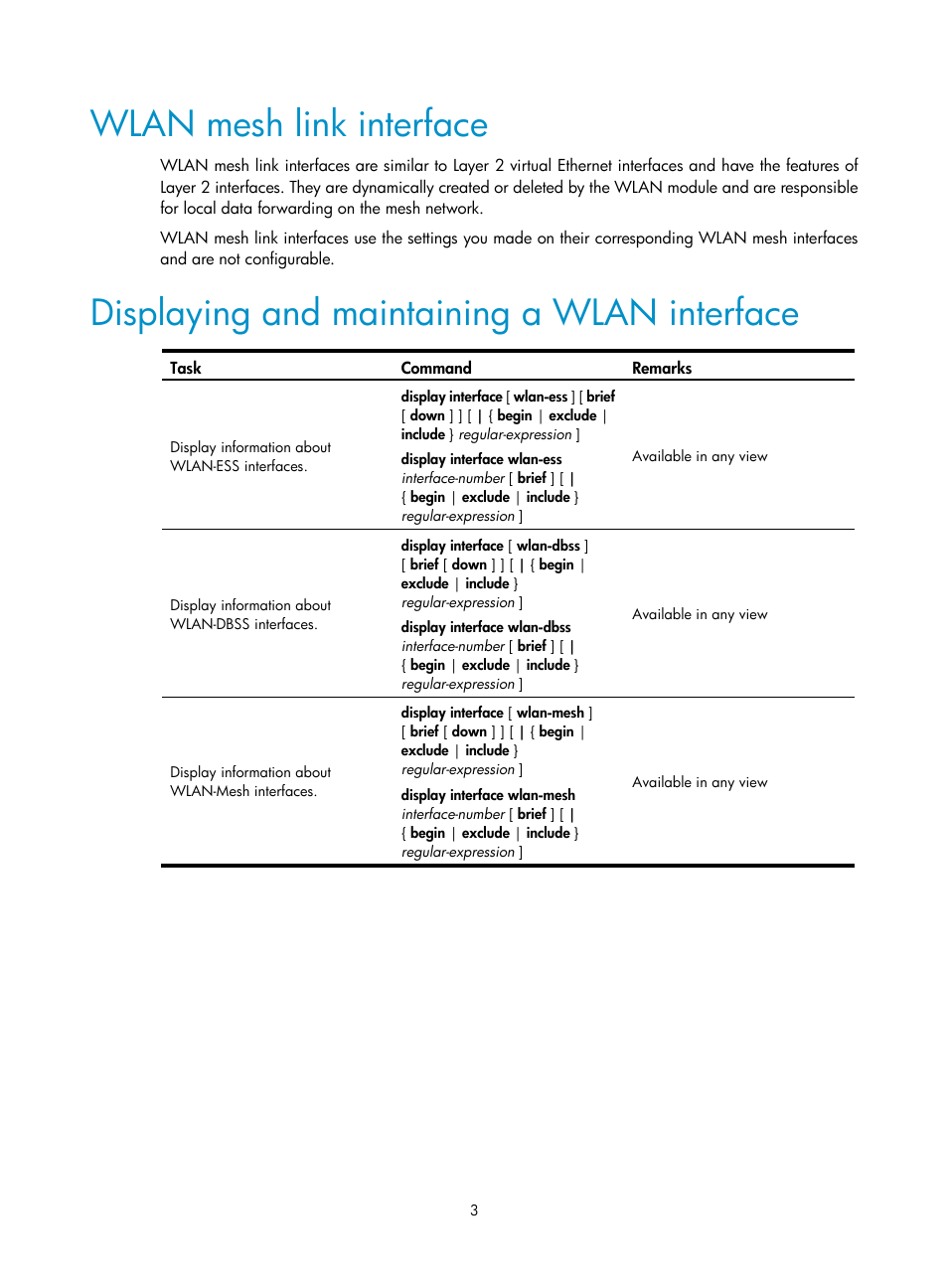 Wlan mesh link interface, Displaying and maintaining a wlan interface | H3C Technologies H3C WX3000E Series Wireless Switches User Manual | Page 15 / 226