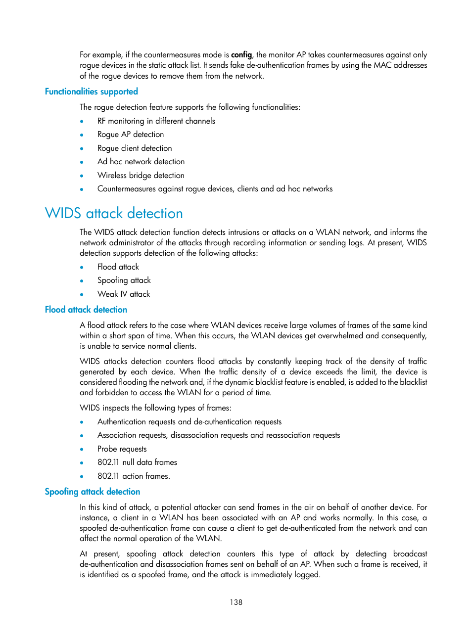 Functionalities supported, Wids attack detection, Flood attack detection | Spoofing attack detection | H3C Technologies H3C WX3000E Series Wireless Switches User Manual | Page 150 / 226