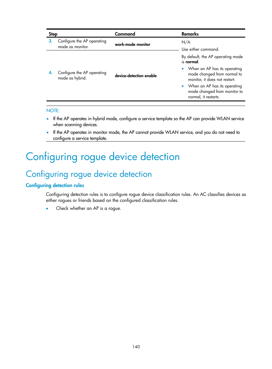 Configuring rogue device detection, Configuring detection rules | H3C Technologies H3C WX3000E Series Wireless Switches User Manual | Page 152 / 226