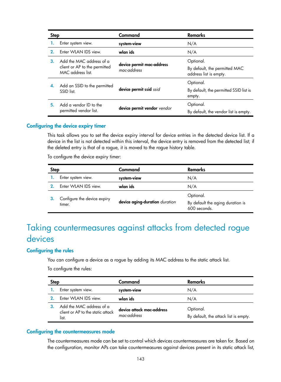 Configuring the device expiry timer, Configuring the rules, Configuring the countermeasures mode | H3C Technologies H3C WX3000E Series Wireless Switches User Manual | Page 155 / 226