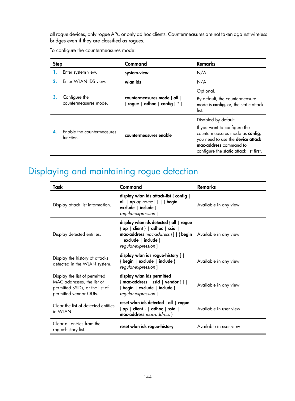 Displaying and maintaining rogue detection | H3C Technologies H3C WX3000E Series Wireless Switches User Manual | Page 156 / 226