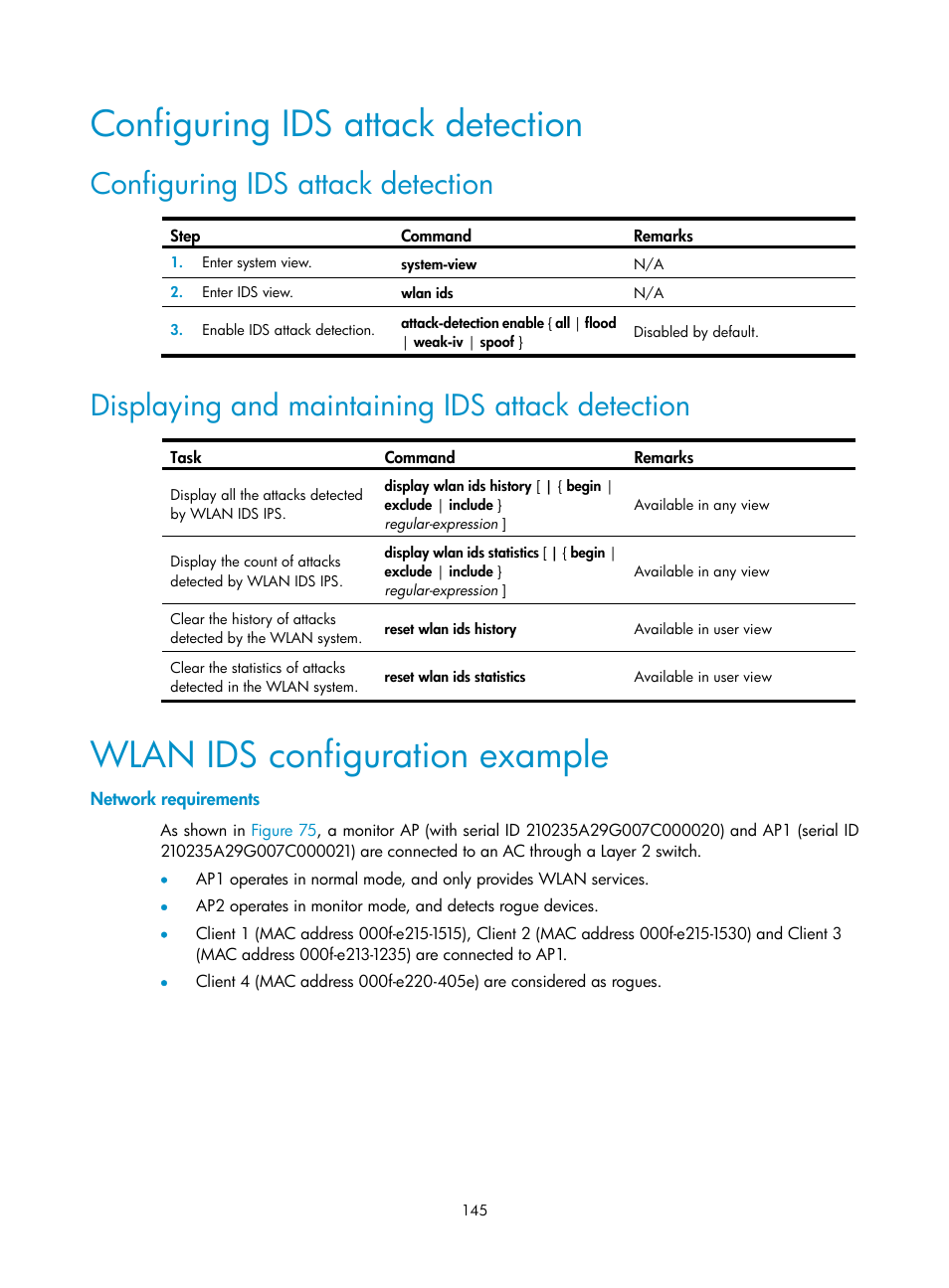 Configuring ids attack detection, Displaying and maintaining ids attack detection, Wlan ids configuration example | Network requirements, Displaying and maintaining ids, Attack detection | H3C Technologies H3C WX3000E Series Wireless Switches User Manual | Page 157 / 226