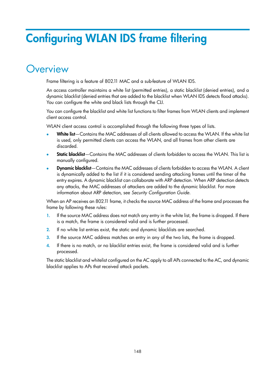 Configuring wlan ids frame filtering, Overview | H3C Technologies H3C WX3000E Series Wireless Switches User Manual | Page 160 / 226