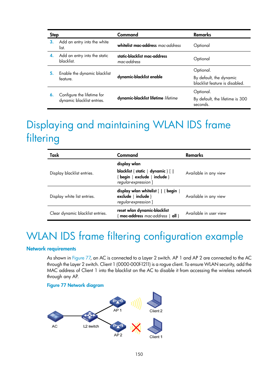 Wlan ids frame filtering configuration example, Network requirements | H3C Technologies H3C WX3000E Series Wireless Switches User Manual | Page 162 / 226