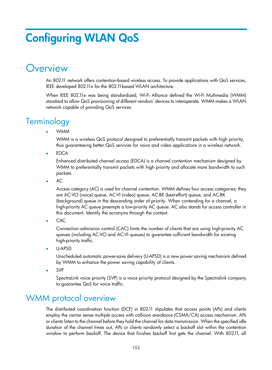 Configuring wlan qos, Overview, Terminology | Wmm protocol overview | H3C Technologies H3C WX3000E Series Wireless Switches User Manual | Page 164 / 226