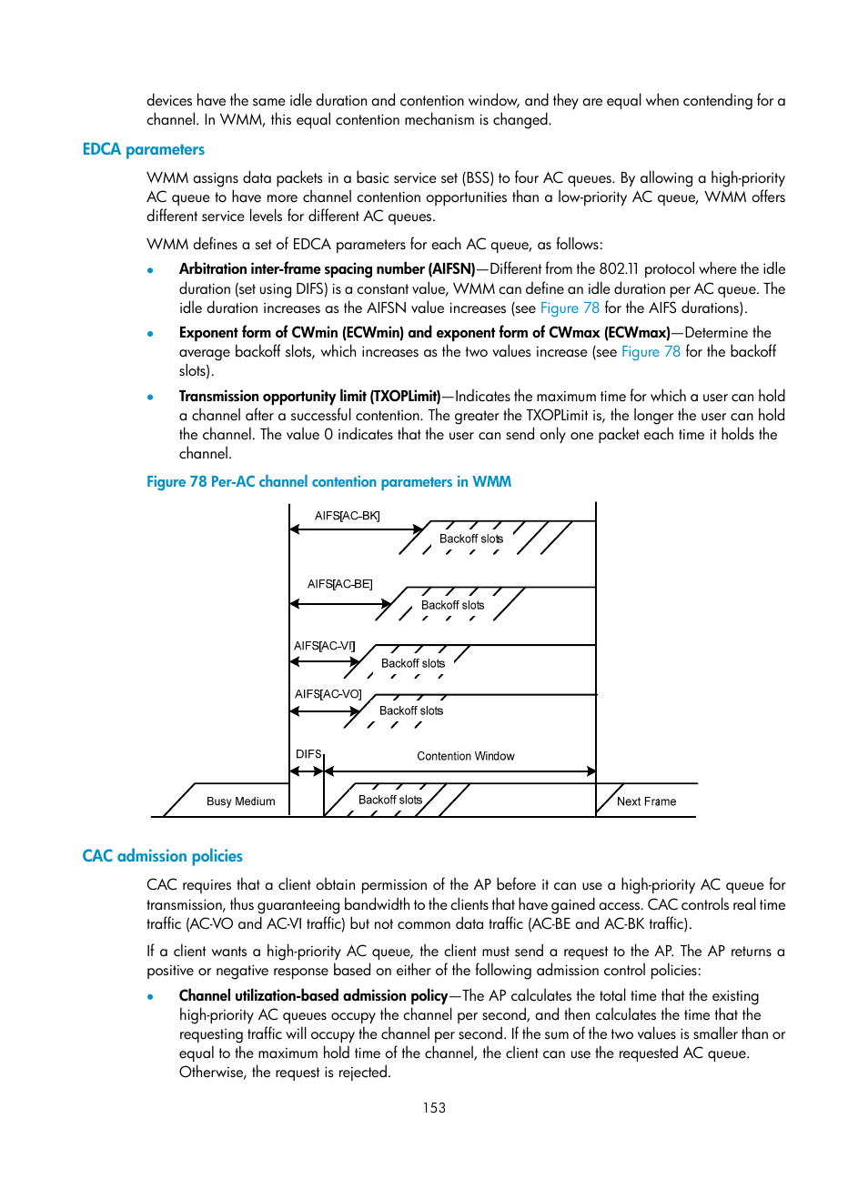 Edca parameters, Cac admission policies | H3C Technologies H3C WX3000E Series Wireless Switches User Manual | Page 165 / 226