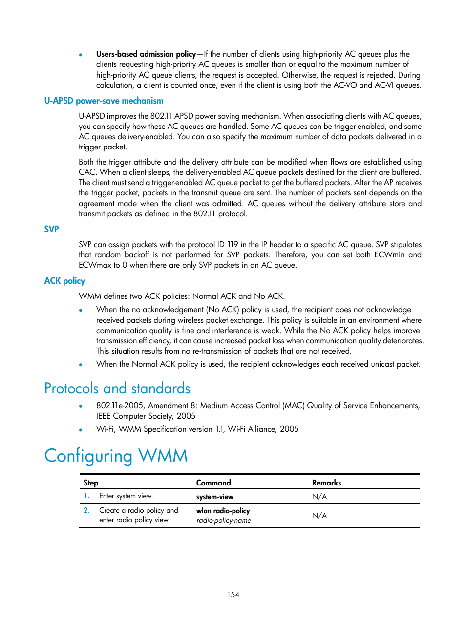 U-apsd power-save mechanism, Ack policy, Protocols and standards | Configuring wmm | H3C Technologies H3C WX3000E Series Wireless Switches User Manual | Page 166 / 226