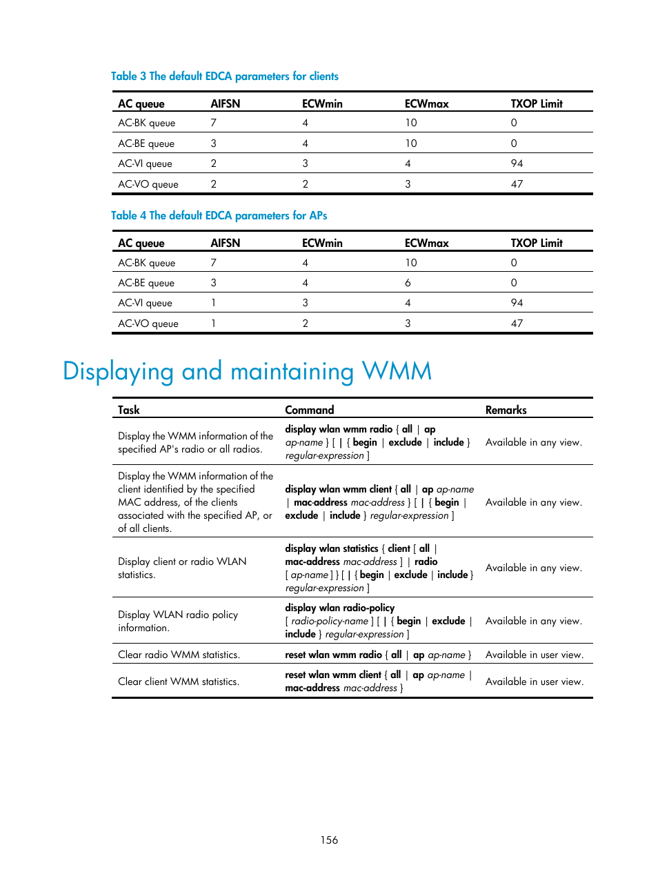 Displaying and maintaining wmm, Table, Table 4 | And uses the normal | H3C Technologies H3C WX3000E Series Wireless Switches User Manual | Page 168 / 226