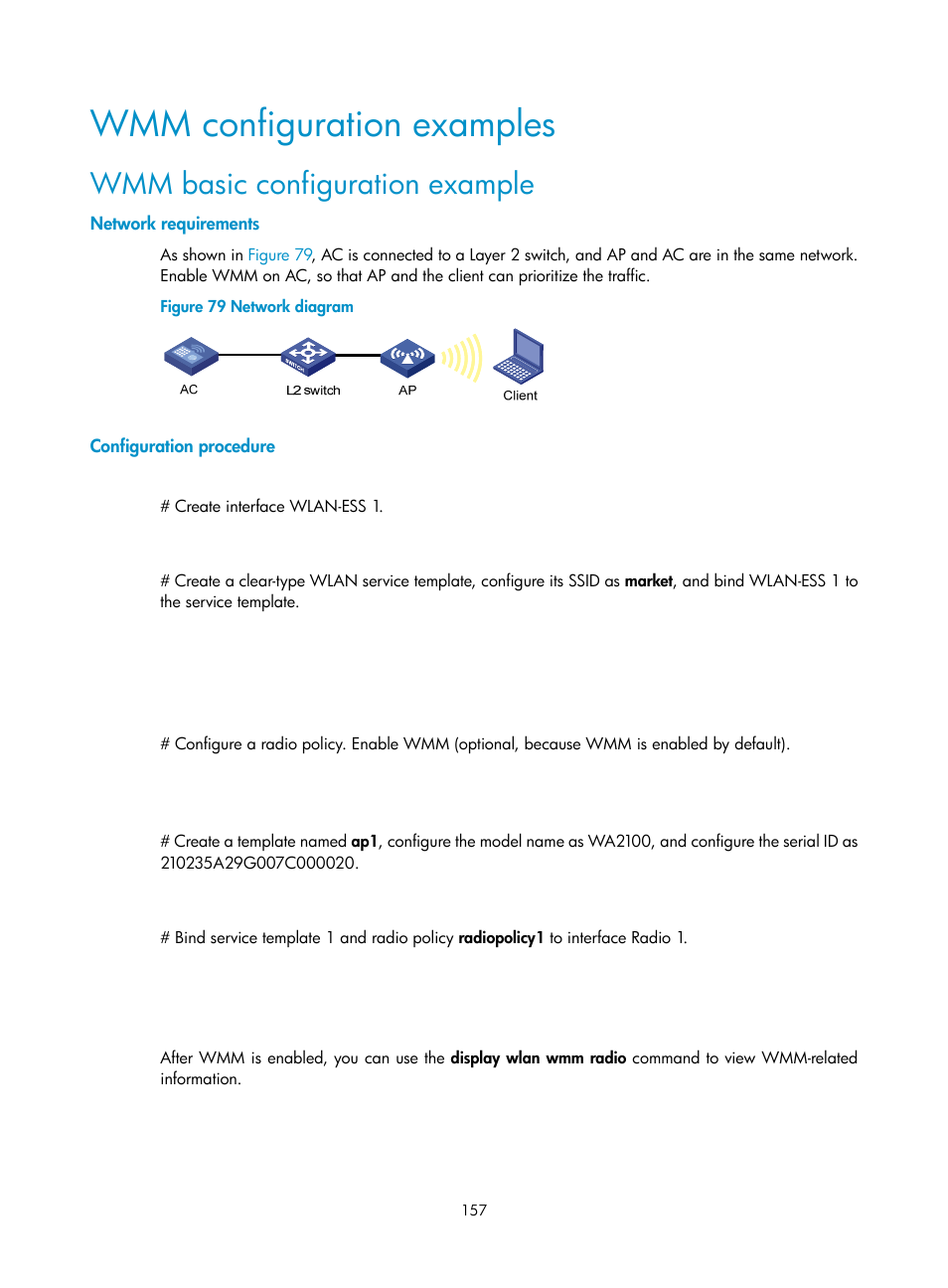 Wmm configuration examples, Wmm basic configuration example, Network requirements | Configuration procedure | H3C Technologies H3C WX3000E Series Wireless Switches User Manual | Page 169 / 226