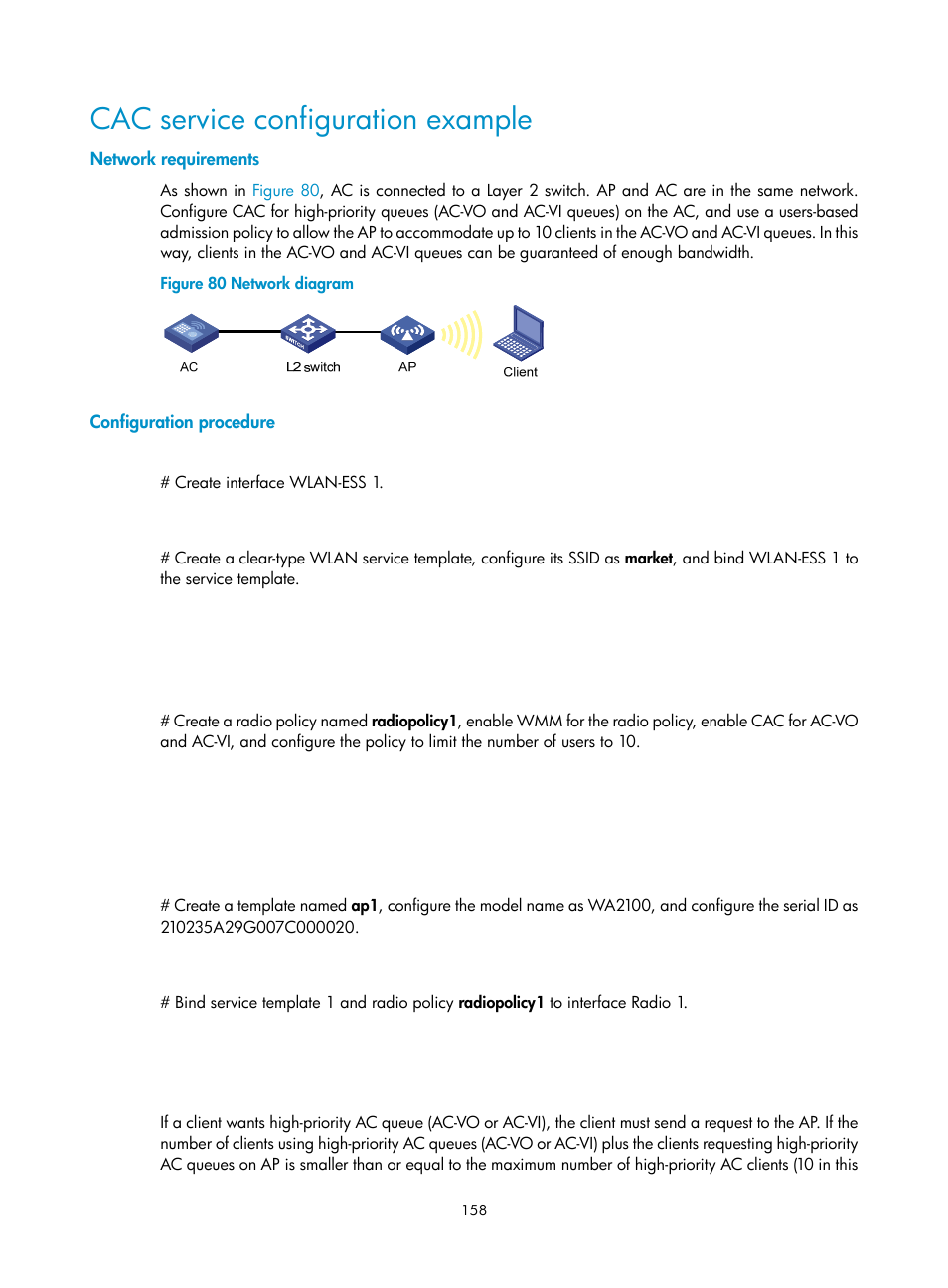 Cac service configuration example, Network requirements, Configuration procedure | H3C Technologies H3C WX3000E Series Wireless Switches User Manual | Page 170 / 226