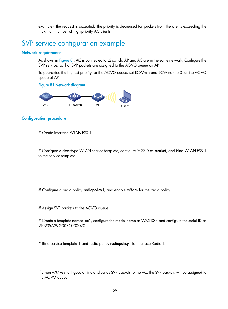 Svp service configuration example, Network requirements, Configuration procedure | H3C Technologies H3C WX3000E Series Wireless Switches User Manual | Page 171 / 226