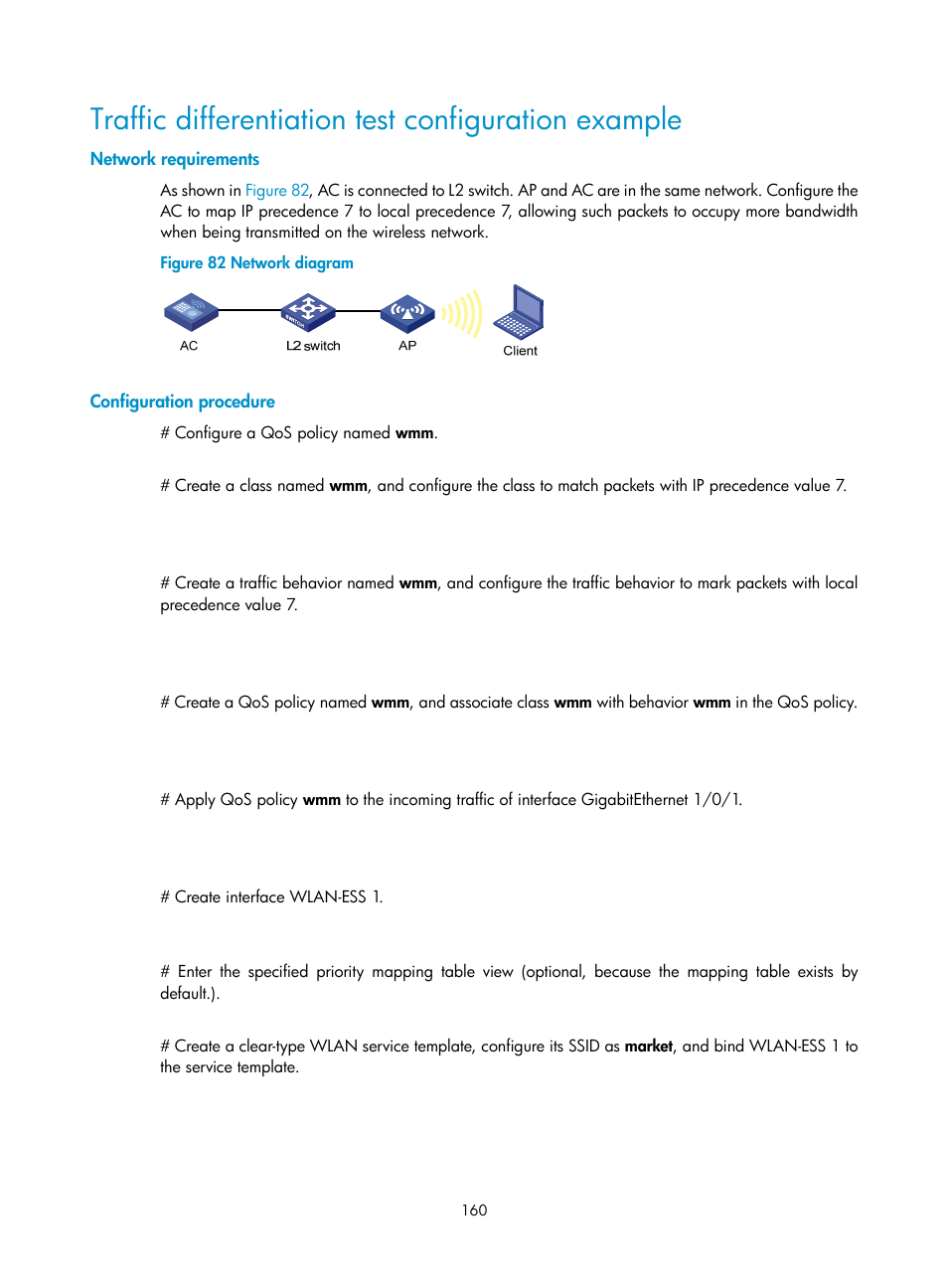 Traffic differentiation test configuration example, Network requirements, Configuration procedure | H3C Technologies H3C WX3000E Series Wireless Switches User Manual | Page 172 / 226