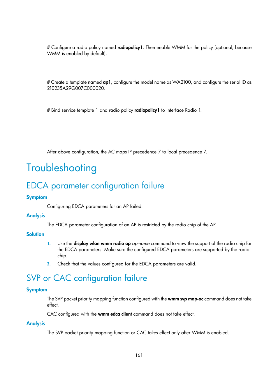 Troubleshooting, Edca parameter configuration failure, Symptom | Analysis, Solution, Svp or cac configuration failure | H3C Technologies H3C WX3000E Series Wireless Switches User Manual | Page 173 / 226