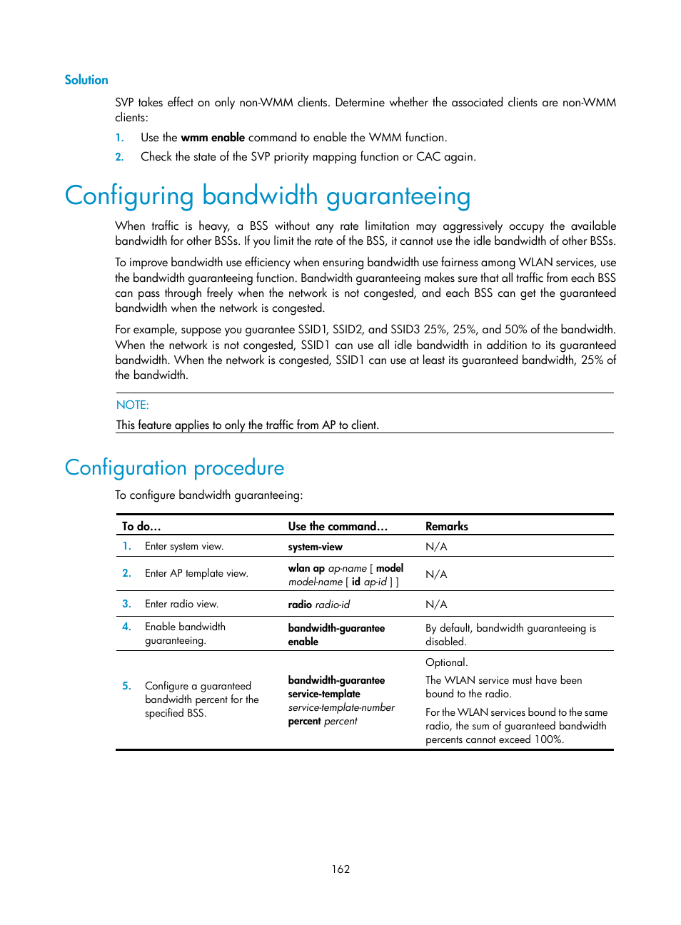 Solution, Configuring bandwidth guaranteeing, Configuration procedure | H3C Technologies H3C WX3000E Series Wireless Switches User Manual | Page 174 / 226